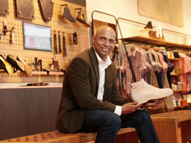 30/10/19: RM Williams CEO Raju Vuppalapati with the new boot designed by Marc Newson at the Bondi Junction sore in Sydney. John Feder/The Australian.