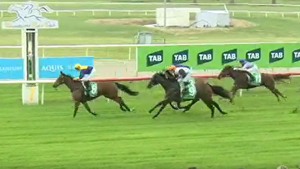 Quade (orange cap) was elevated to first despite first-past-the-post Beachside Babe winning eased down. Picture: Screengrab / Racing Queensland