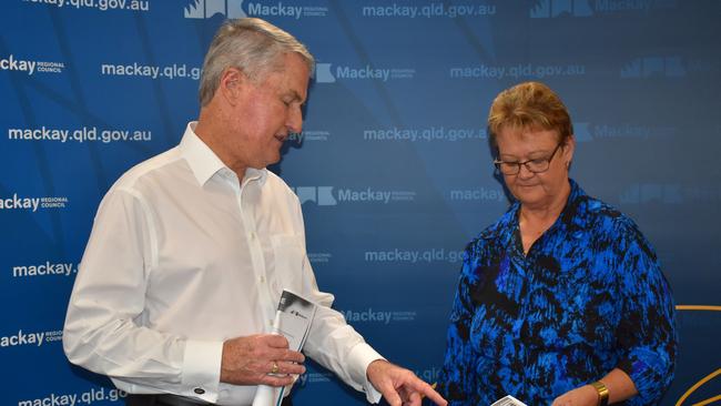 Mackay Regional Council Mayor and Local Disaster Management Group chair Greg Williamson with deputy Mayor Karen May. Picture: Heidi Petith