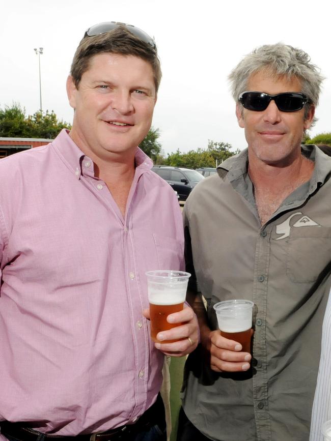 Anthony Herbert and Mark Johnston catch up at a Noosa Long Lunch at the Noosa Dolphins Rugby Union ground.