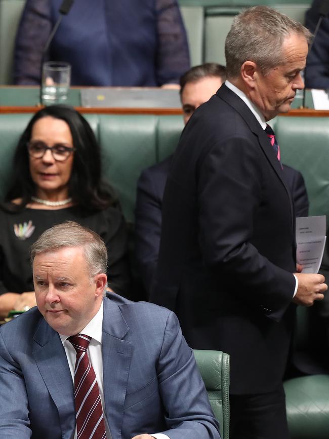 Opposition Leader Anthony Albanese (bottom left) and his predecessor, Bill Shorten, during during Question Time in the House of Representatives Chamber at Parliament House in Canberra. Picture: Kym Smith