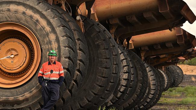 Haul trucks at the New Acland coal mine in Queensland.