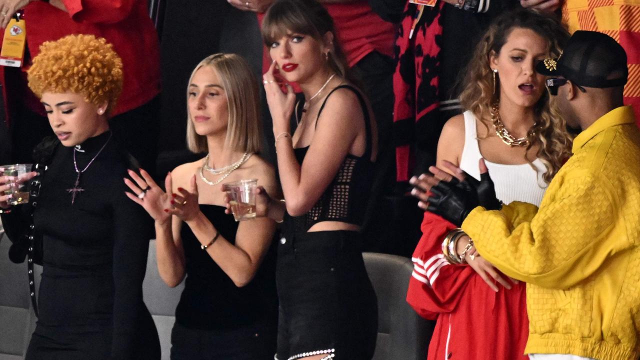 Swift, Ice Spice and Blake Lively in the stands at the Super Bowl in Las Vegas. Picture: Patrick T. Fallon/AFP