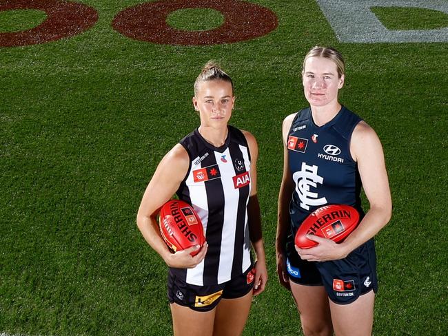 MELBOURNE, AUSTRALIA - MAY 06: (L-R) Ruby Schleicher of the Magpies and Breann Harrington of the Blues pose during the AFLW Media Opportunity announcing 100 days to go to the 2025 NAB AFLW season at Ikon Park on May 06, 2025 in Melbourne, Australia. (Photo by Michael Willson/AFL Photos via Getty Images)