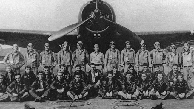 JUNE 26, 1945 : Pilots and crw of Torpedo Bomber 28 at Fort Lauderdale Naval Air Station in 26/06/45 file photo, sit in front...