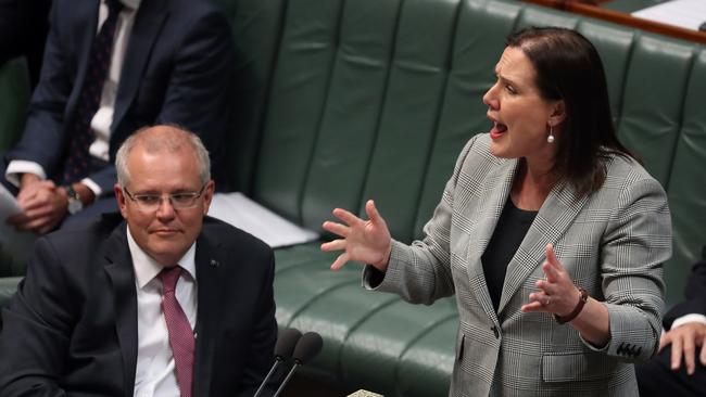 The Prime Minister Scott Morrison with Kelly O'Dwyer during Question Time. Picture Gary Ramage