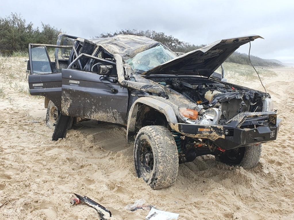 The wreckage of a 4WD at Teewah Beach in 2020.