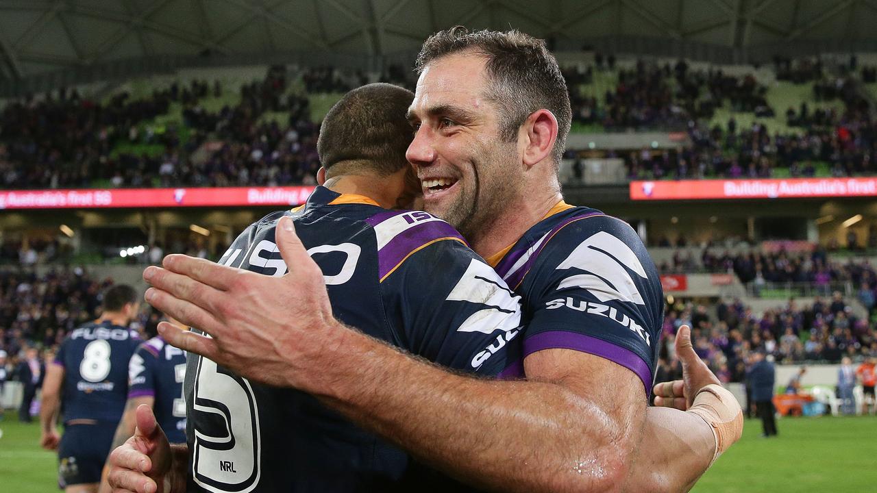 Melbourne's Cameron Smith celebrates victory at full time after the Cronulla Sharks v Melbourne Storm NRL Preliminary Final at AAMI Park, Melbourne. Picture: Brett Costello