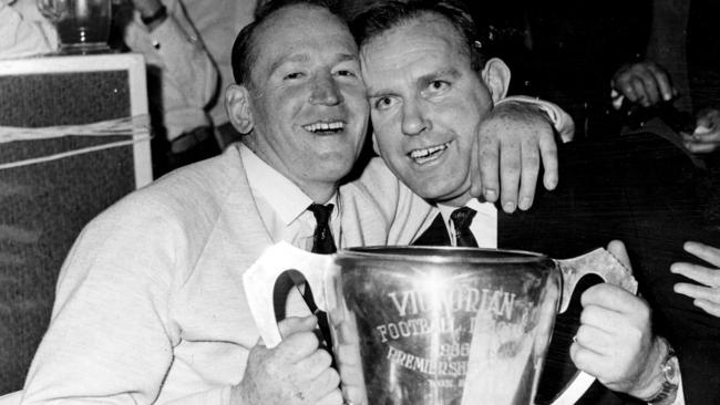 St Kilda captain Darrel Baldock and coach Allan Jeans hold the Saints’ one and only Premiership Cup.