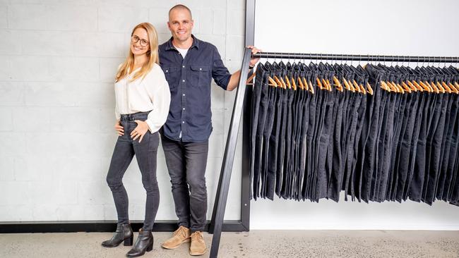 James Bartle and wife Erica at Outland Denim headquarters in Mount Tamborine, Queensland. Picture: Luke Marsden