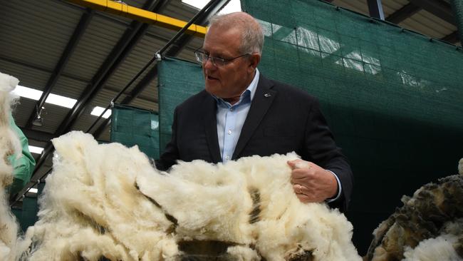 Prime Minister Scott Morrison at Nutrien Ag Solutions' Evandale wool storage facility. Picture: Alex Treacy