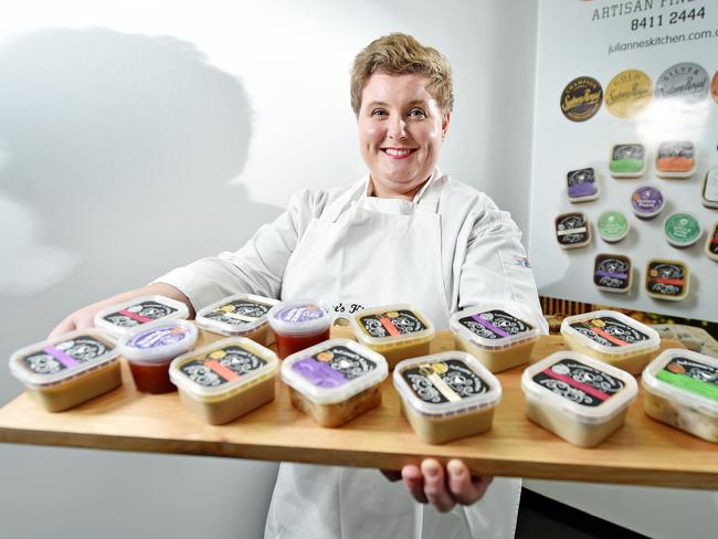 Julianne's Kitchen owner Julieanne Lever in her industrial kitchen at Hornsby on Tuesday September 4th. Chef Julianne Lever runs a pates/terrines/fruit paste business in Hornsby called Julianne's Kitchen which has been selected by the NSW Department of Industries to represent them at the Fine Foods Show in Melbourne later this month. (AAP IMAGE / Troy Snook)