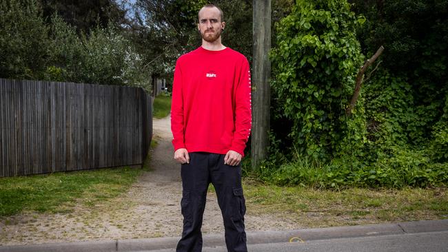 The victim of a car accident in which Daniel Andrews’ wife was involved, Ryan Meuleman, stands on the spot where he was hit while riding his bike. Picture: Jake Nowakowski