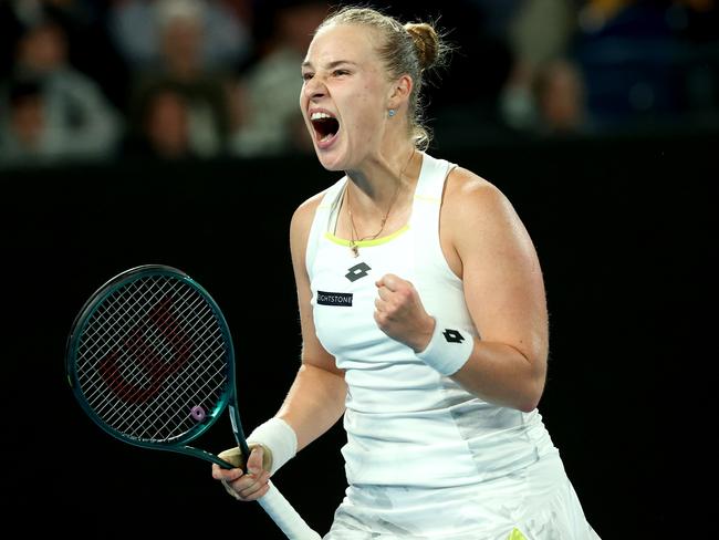 MELBOURNE, AUSTRALIA - JANUARY 18: Anna Blinkova celebrates a point in their round two singles match against Elena Rybakina of Kazakhstan during the 2024 Australian Open at Melbourne Park on January 18, 2024 in Melbourne, Australia. (Photo by Kelly Defina/Getty Images)