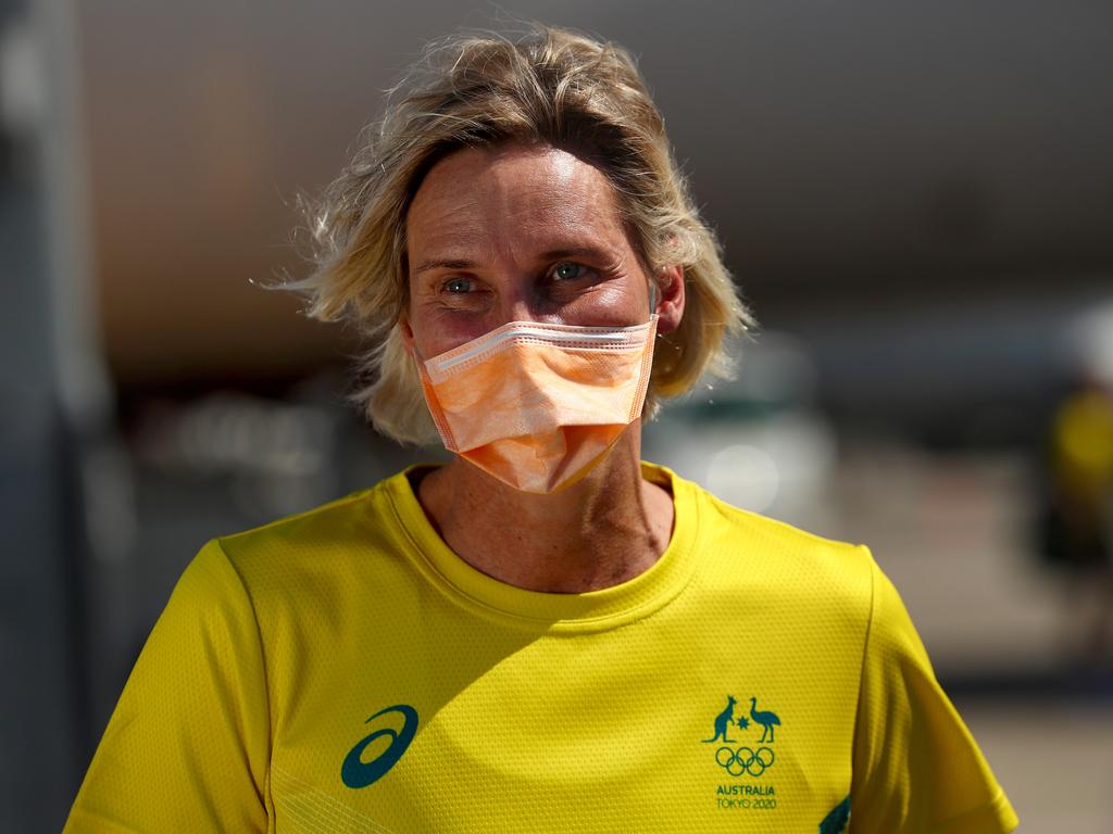 Susie O'Neill at Cairns Airport before she departed for Tokyo with the Australian Olympic team. Picture: Getty Images