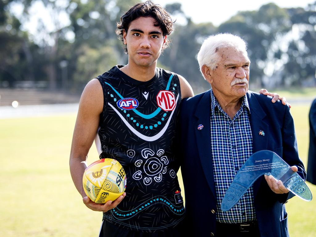 Jase Burgoyne and Sonny Morey during the 2024 Sir Doug Nicholls Round Launch at Central Districts Football Club on Monday. Picture: Mark Brake/AFL Photos/via Getty Images.