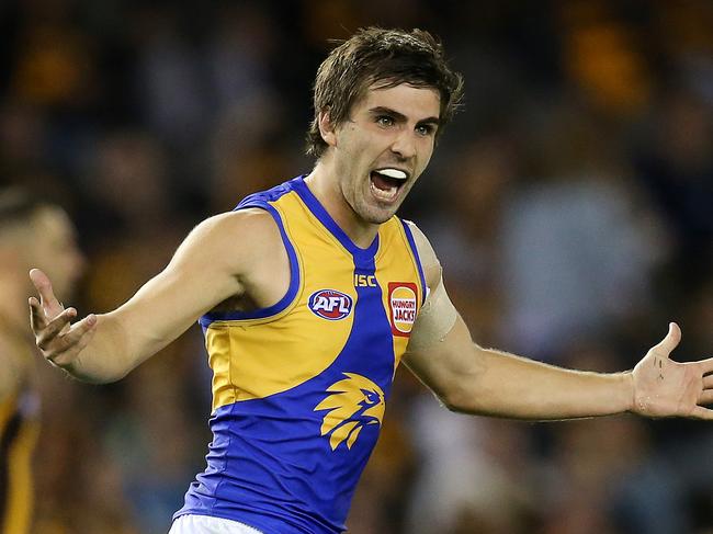 AFL Round 10. 27/05/2018. .Hawthorn v West Coast at Etihad Stadium.  West Coast's Andrew Gaff  celebrates his goal in the third quarter    . Pic: Michael Klein