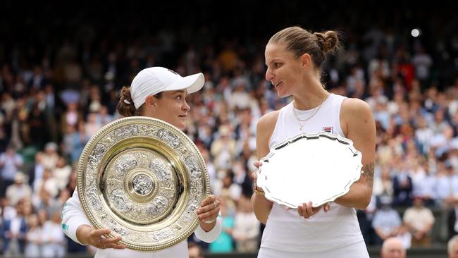 Barty and Pliskova during the presentation ceremony. Picture: Getty