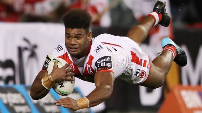 WOLLONGONG, AUSTRALIA - JUNE 28: Mikaele Ravalawa of the Dragons scores a try during the round 15 NRL match between the St George Illawarra Dragons and the North Queensland Cowboys at WIN Stadium on June 28, 2019 in Wollongong, Australia. (Photo by Mark Kolbe/Getty Images)