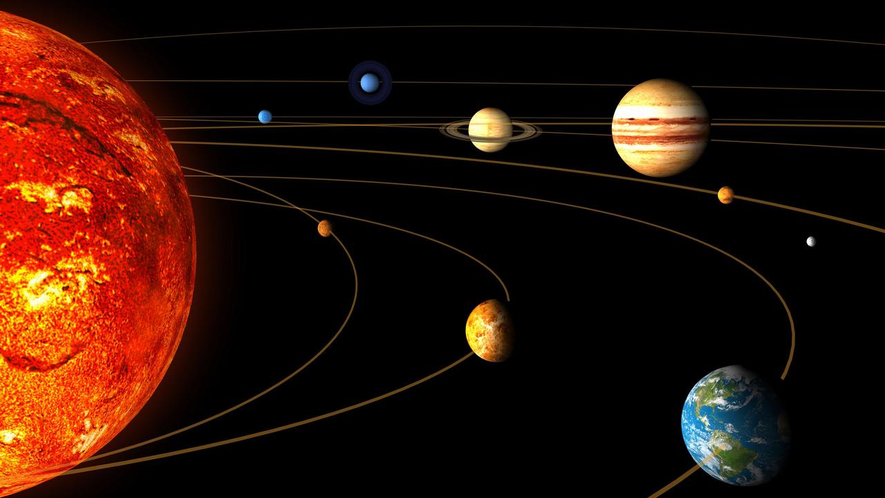 Artist’s illustration of the main bodies of our Solar System, with the Sun at left, with Mercury, Venus, the Earth, from left in front, Uranus, Neptune, Saturn, Jupiter and Mars, from left in background. Picture: ESA via AP