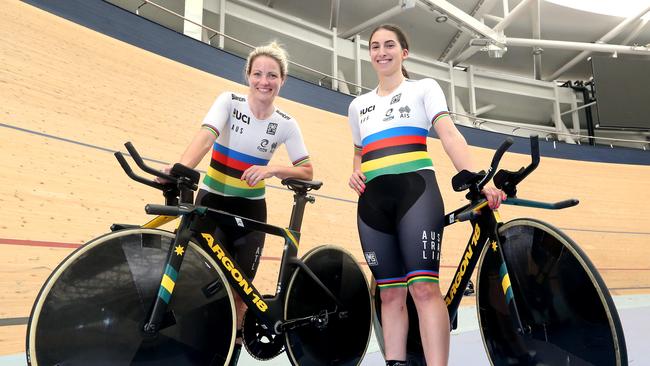 Emily Petricola (L) and Paige Greco at Anna Meares Velodrome. Picture: NCA NewsWire / Richard Gosling