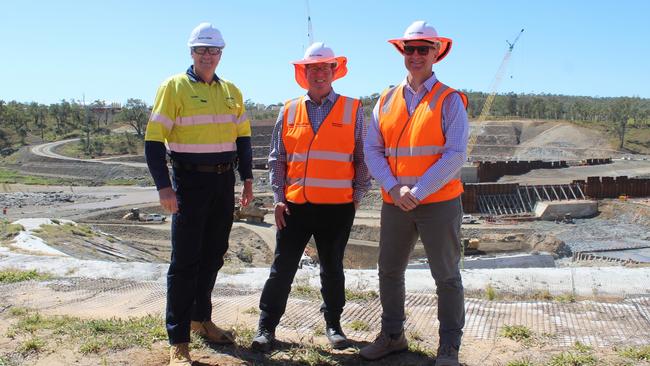 Water Minister Glenn Butcher, Rockhampton MP Barry O'Rourke and Sunwater CEO Glenn Stockton tour the Rookwood Weir site in August 2022 as work on the weir reached one million hours.