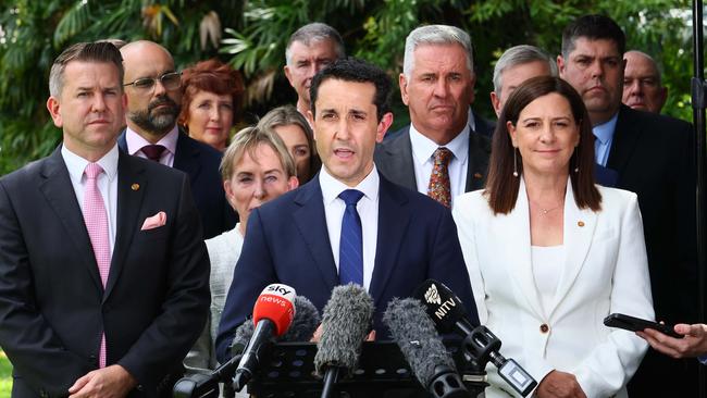 Queensland Premier David Crisafulli with his his new ministers after they were sworn in on Friday. Picture: NewsWire/Tertius Pickard