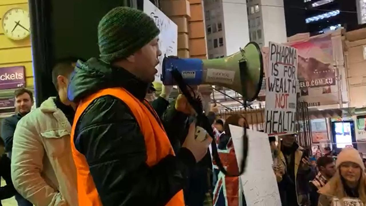 New ‘uprising’ Project Phoenix member Nick Paterson tells the crowd that ‘evil tyrants’ are pushing a Covid-19 ‘scam’. Picture: Facebook