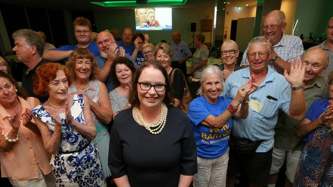 Broadwater LNP member Verity Barton is congratulated at her post election party at Labrador Tigers AFL Club. Picture Glenn Hampson