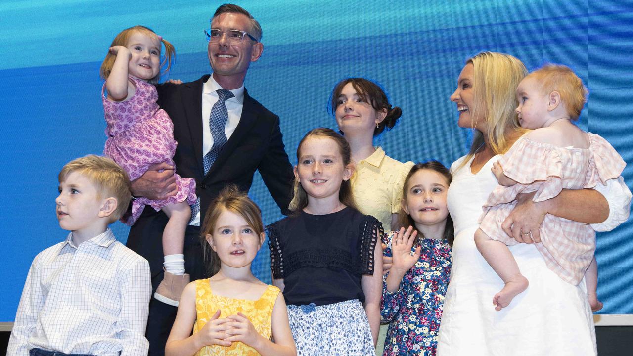 Perrottet with his wife Helen and seven children during the election campaign last year. Picture: Monique Harmer