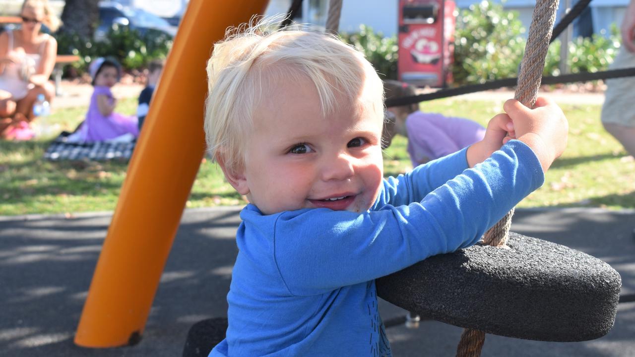 Yeppoon's Kingsley Brighton enjoying playing on the playground at the Yeppoon Foreshore.