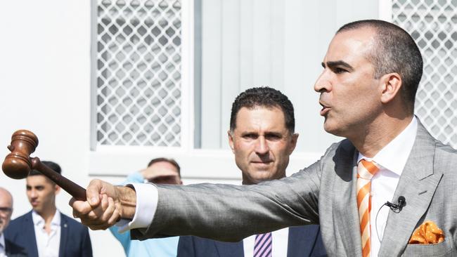 Auctioneer Michael Garofolo calling an auction in Concord, in Sydney’s inner-west, last weekend. In April, property prices in Sydney fell for the first time since the pandemic began. Picture: Monique Harmer.