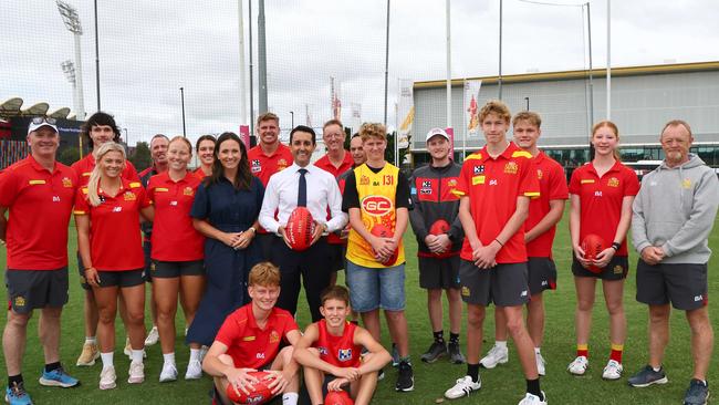 Queensland opposition leader David Crisafulli and Gaven candidate Bianca Stone during a visit to the Gold Coast Suns. Picture: Tertius Pickard