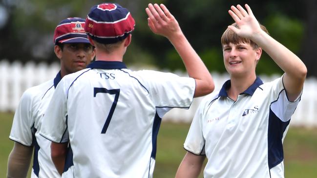 TSS bowler Cameron Sinfield celebrates a wicket. Picture, John Gass