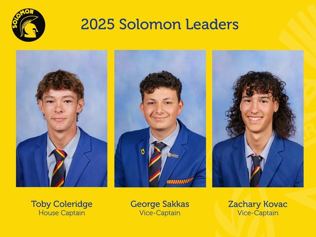 St Bede’s College — 2025 Solomon Leaders: Toby Coleridge (House captain), George Sakkas (Vice-captain) and Zachary Kovac (Vice-captain).