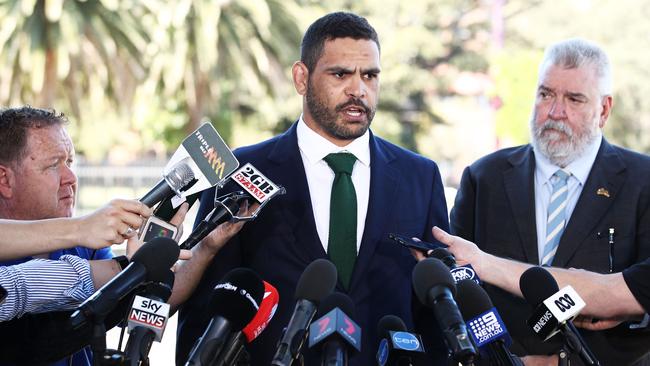 South Sydney Rabbitohs captain Greg Inglis speaks to the media during a press conference at Redfern Oval on October 2, 2018 in Sydney, Australia. Inglis was charged with a drink driving offence.