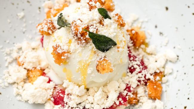 New wave Italian: white chocolate and sage gelato with native plum and burnt butter at Jonah’s. Picture: Jacqui Turk.