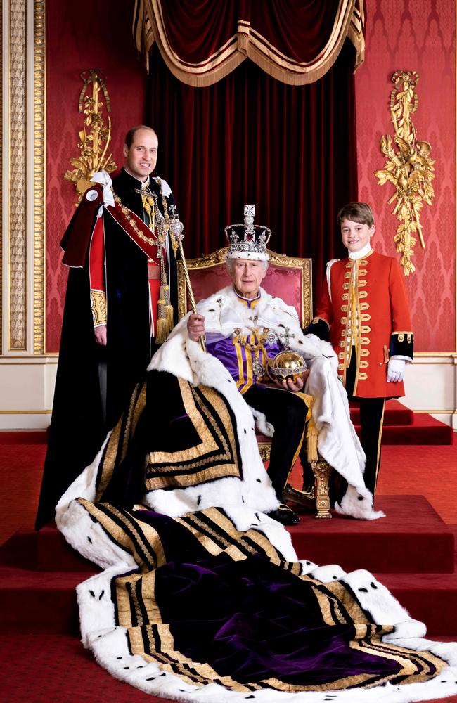 Britain's King Charles III with his heirs Prince William and Prince George. Picture: AFP