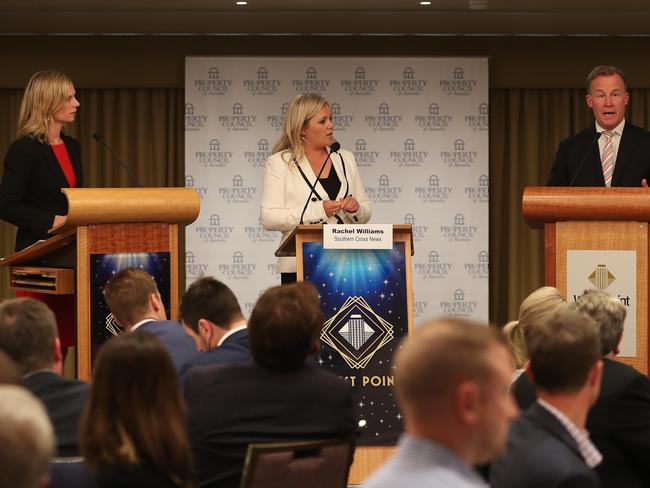 Opposition Leader Rebecca White (left) and Premier Will Hodgman (right) at the Property Council of Australia - Tasmanian Leaders Debate, Wrest Point Casino Picture: LUKE BOWDEN