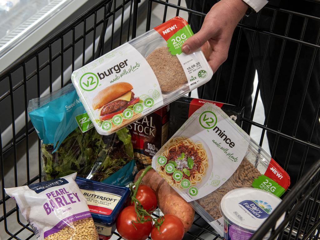 The v2food plant-based burger patties and mince will launch into supermarkets today.