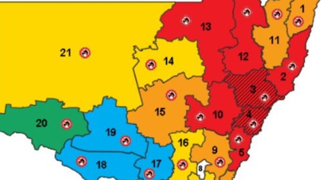 The RFS map of areas impacted by a catastrophic rating. Three and Four denote Sydney and the Hunter region. Picture: NSW RFS.