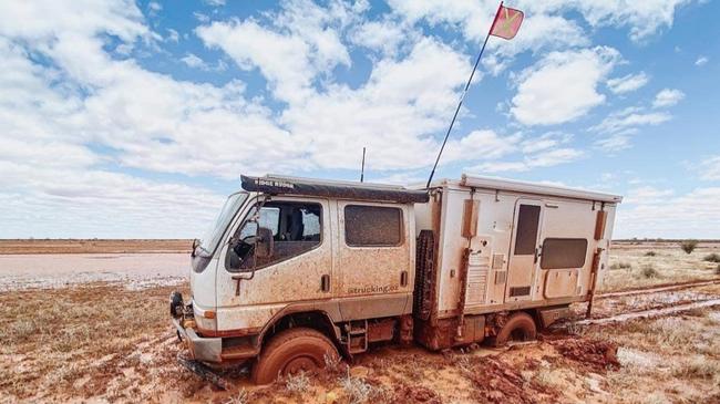 The Zavros family’s bogged camper truck in the middle of the Simpson Desert. Picture: Supplied