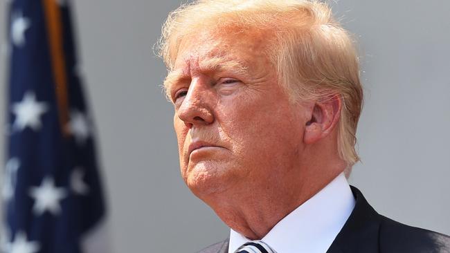 Donald Trump during a press conference announcing a class-action lawsuit against big tech companies at the Trump National Golf Club in Bedminster. Picture: Getty Images.