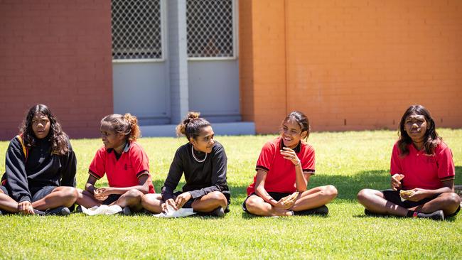 Recess at Alice Springs’ Yirara College, home to 200 students from 40 remote communities representing up to 25 language groups. Picture: James Elsby