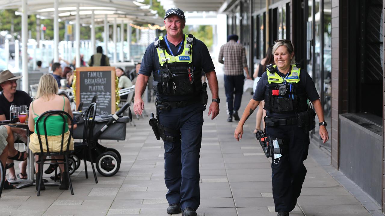 Sergeant Andrew Harris and Senior Constable Andrea Dell from Geelong Divisional Liquor Licensing Unit on the Geelong Waterfront. Picture: Mike Dugdale