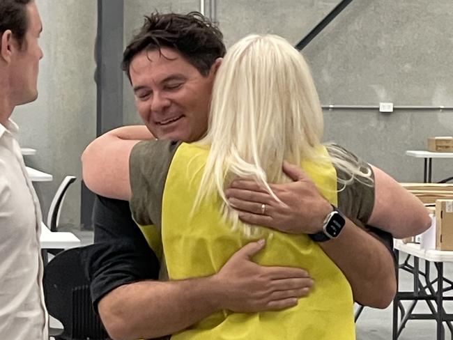 Gold Coast City Council candidate Nick Marshall hugs outgoing councillor Pauline Young as the final votes are counted on Monday, April 1, 2024. Picture: Paul Weston