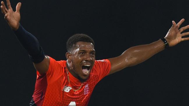 Sydney Thunder signing Chris Jordan celebrates taking a wicket for England in a T20 clash with Sri Lanka in October. Picture: AFP 