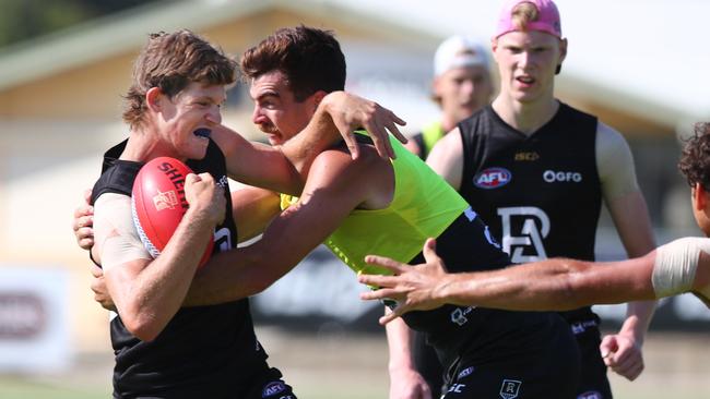 Mitch Georgiades and Scott Lycett at Port Adelaide training. Picture: Tait Schmaal.