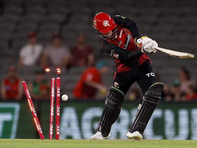 MELBOURNE, AUSTRALIA - JANUARY 14: Jake Fraser-McGurk of the Renegades is struck out during the Men's Big Bash League match between the Melbourne Renegades and the Melbourne Stars at Marvel Stadium, on January 14, 2023, in Melbourne, Australia. (Photo by Jonathan DiMaggio/Getty Images)