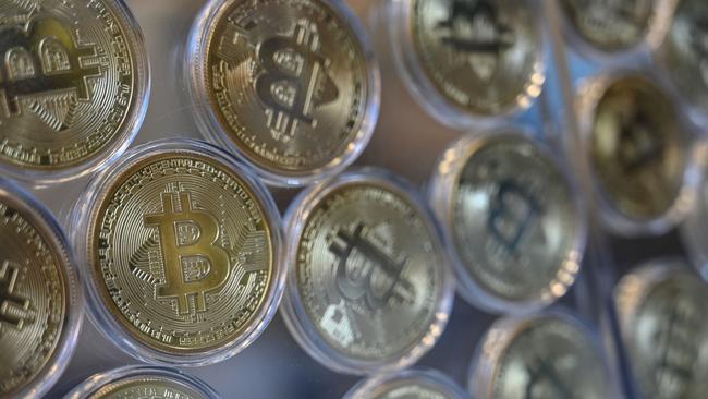 A physical imitation of Bitcoin at a shop in Istanbul. Picture: Ozan Kose/AFP